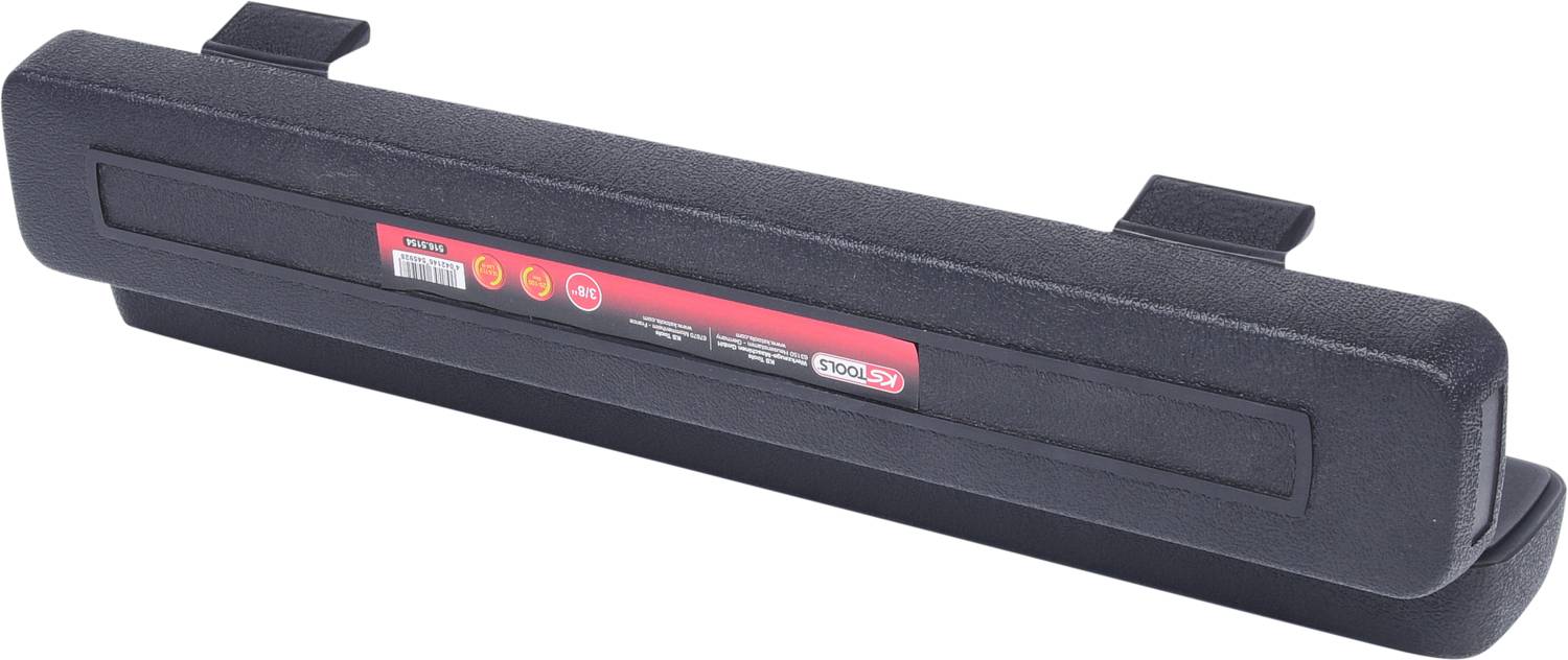 A black plastic toolbox with two clips for closing. A red and white label is affixed to the front.