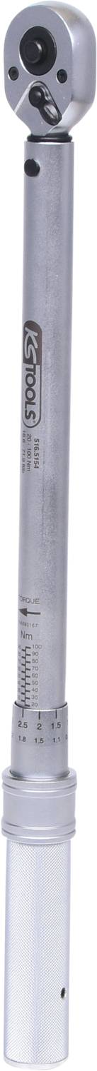 A silver torque wrench with a scale, used for tightening bolts to a specific torque.