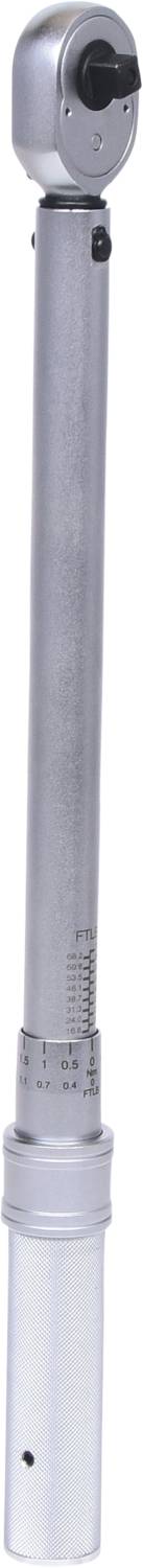 A torque wrench with scale for precise force measurement when tightening nuts and bolts, silver-coloured.