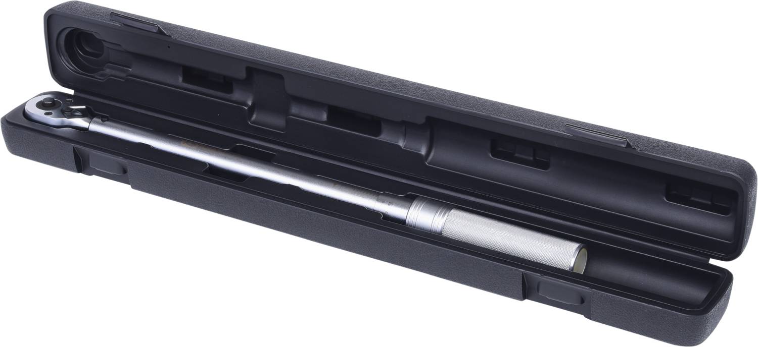 'Torque wrench in a black plastic case, opened, showing the tool in its holder.'