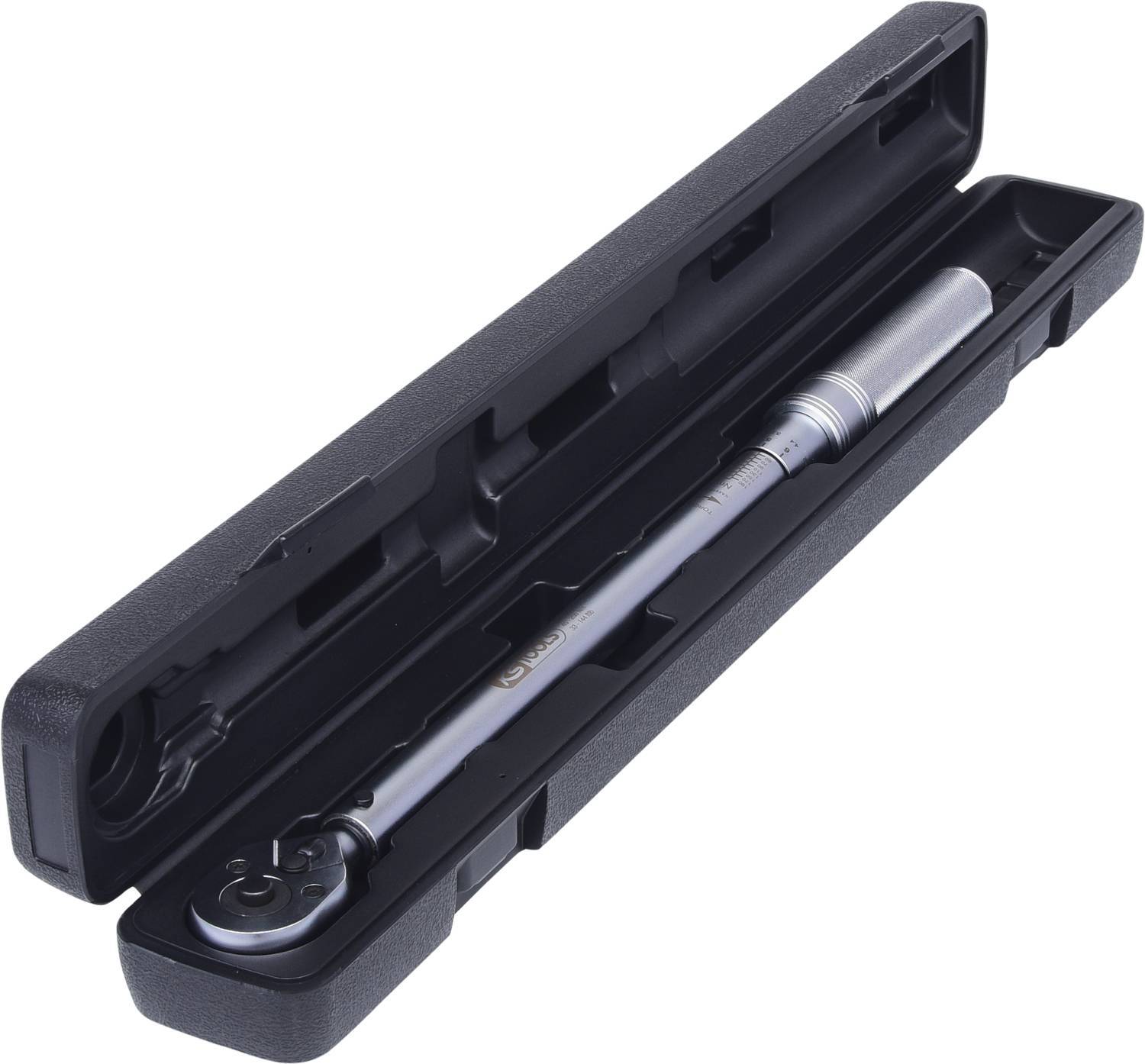 A torque wrench lies in an open black plastic case. The wrench is made of metal and has a round head.