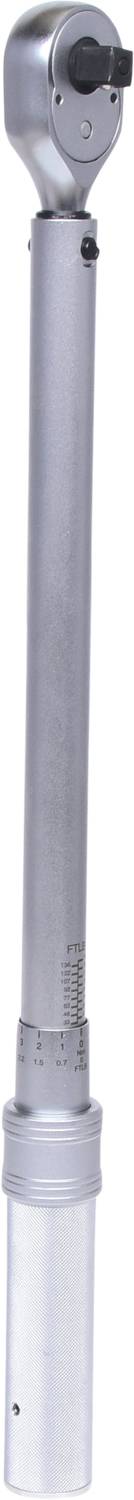 A silver tool with a long handle, most likely a torque wrench, is shown vertically; suitable for mechanical work.