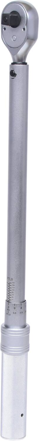 Metal torque wrench, vertically aligned, with scale for precise measurement of tightening torque.