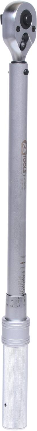 A silver torque wrench with an adjustable scale, used for the precise fastening of screws and nuts.