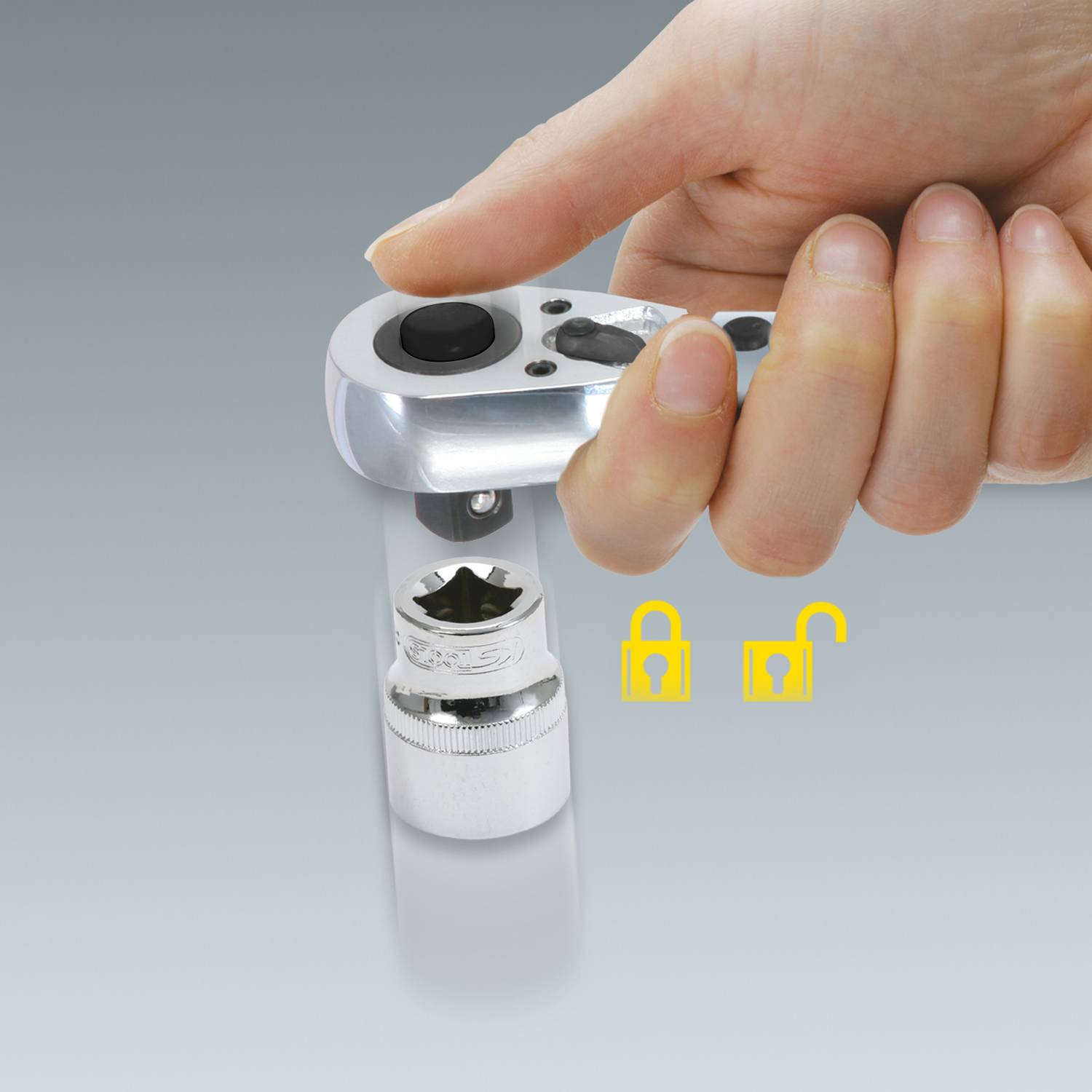 A hand holds a tool with a torque indicator and locks or unlocks a mechanism with a lock symbol.