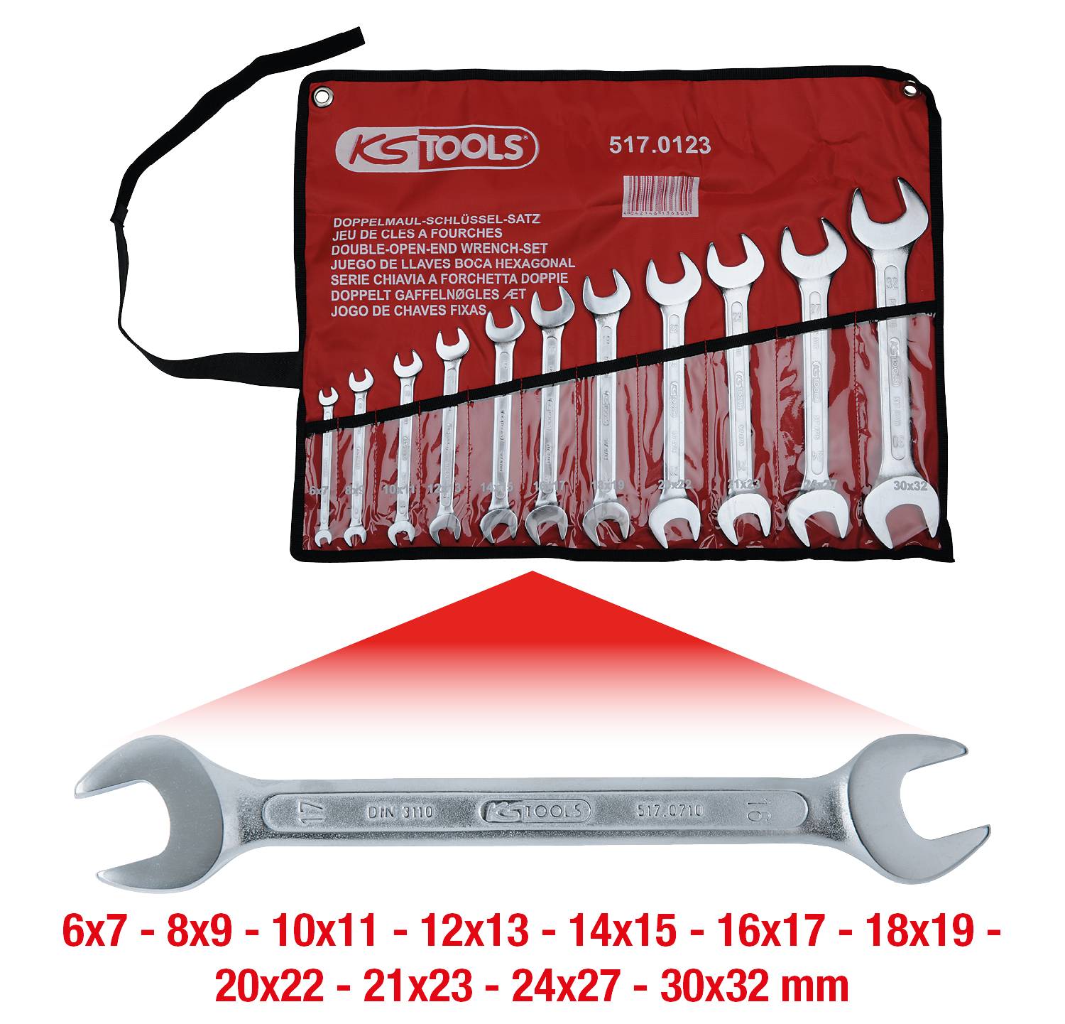 'Set of metric combination spanners with 12 sizes ranging from 6x7 mm to 30x32 mm, in a red storage pouch from a well-known tool brand.'