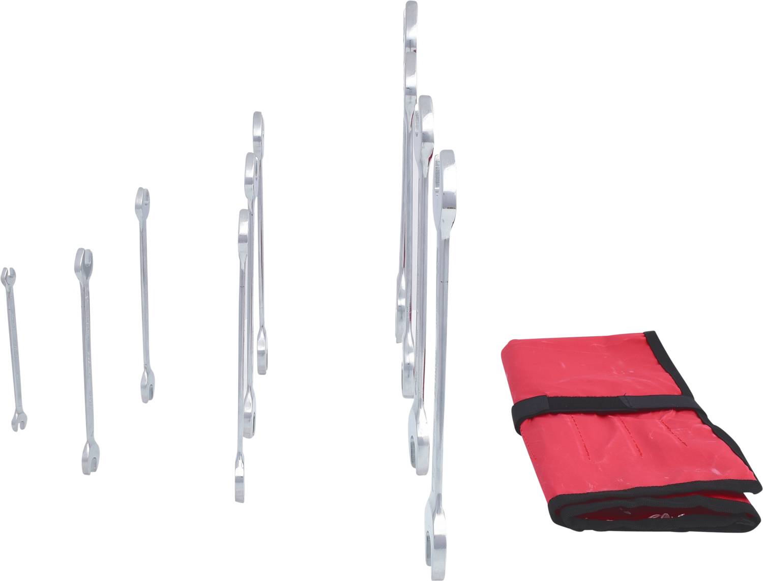 A set of socket wrenches in various sizes next to a red tool bag.