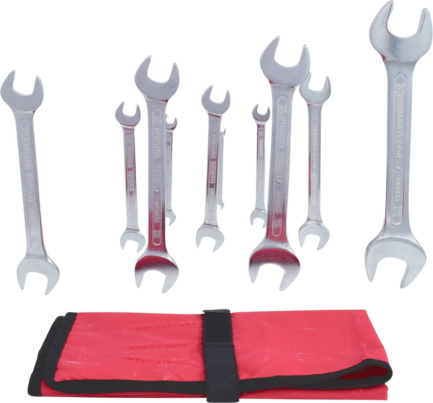Eight silver spanners in various sizes stand upright behind a red tool roll.