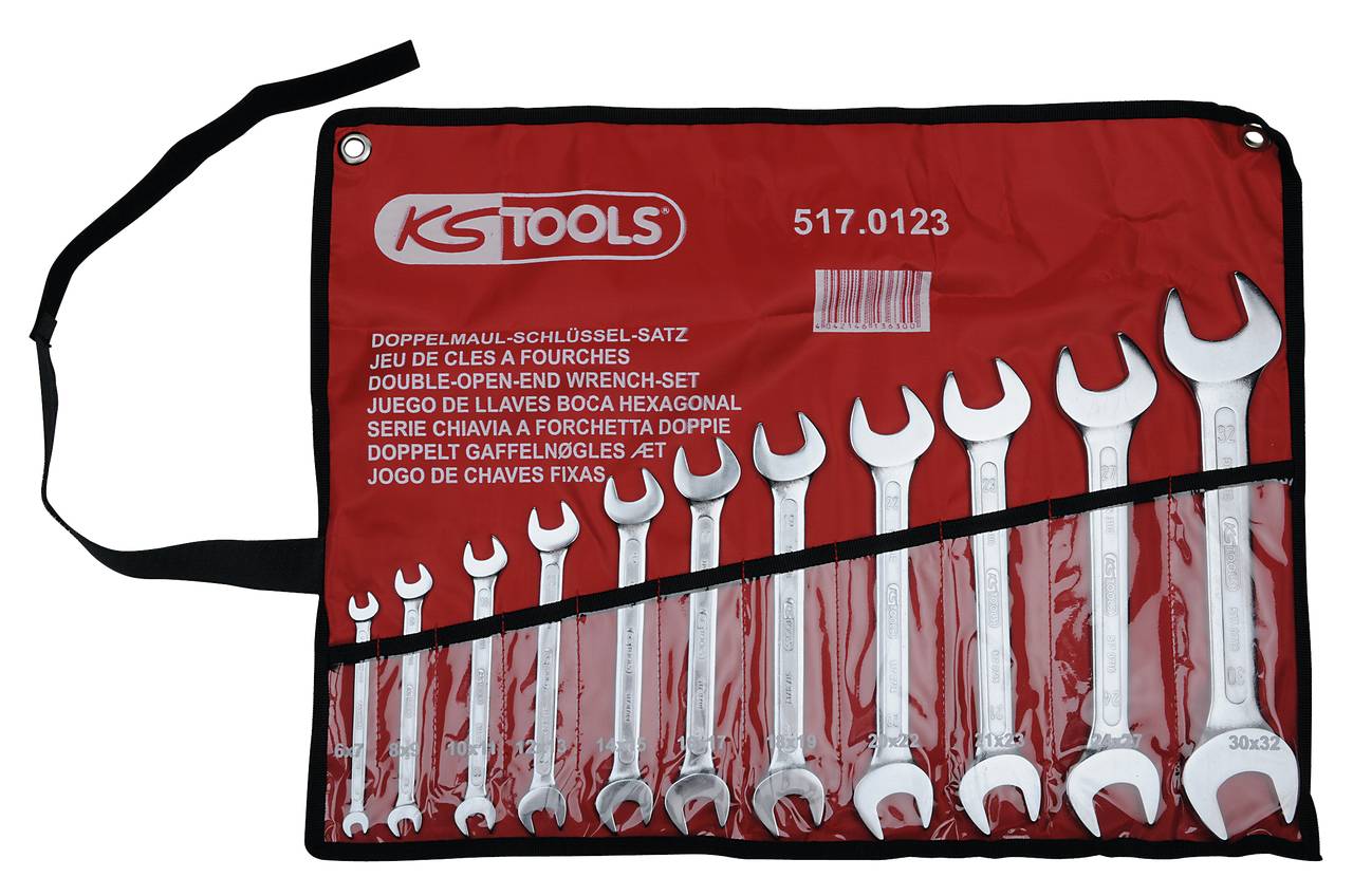 A red case containing eleven graduated metal spanners. The brand name and product information are printed on the front.