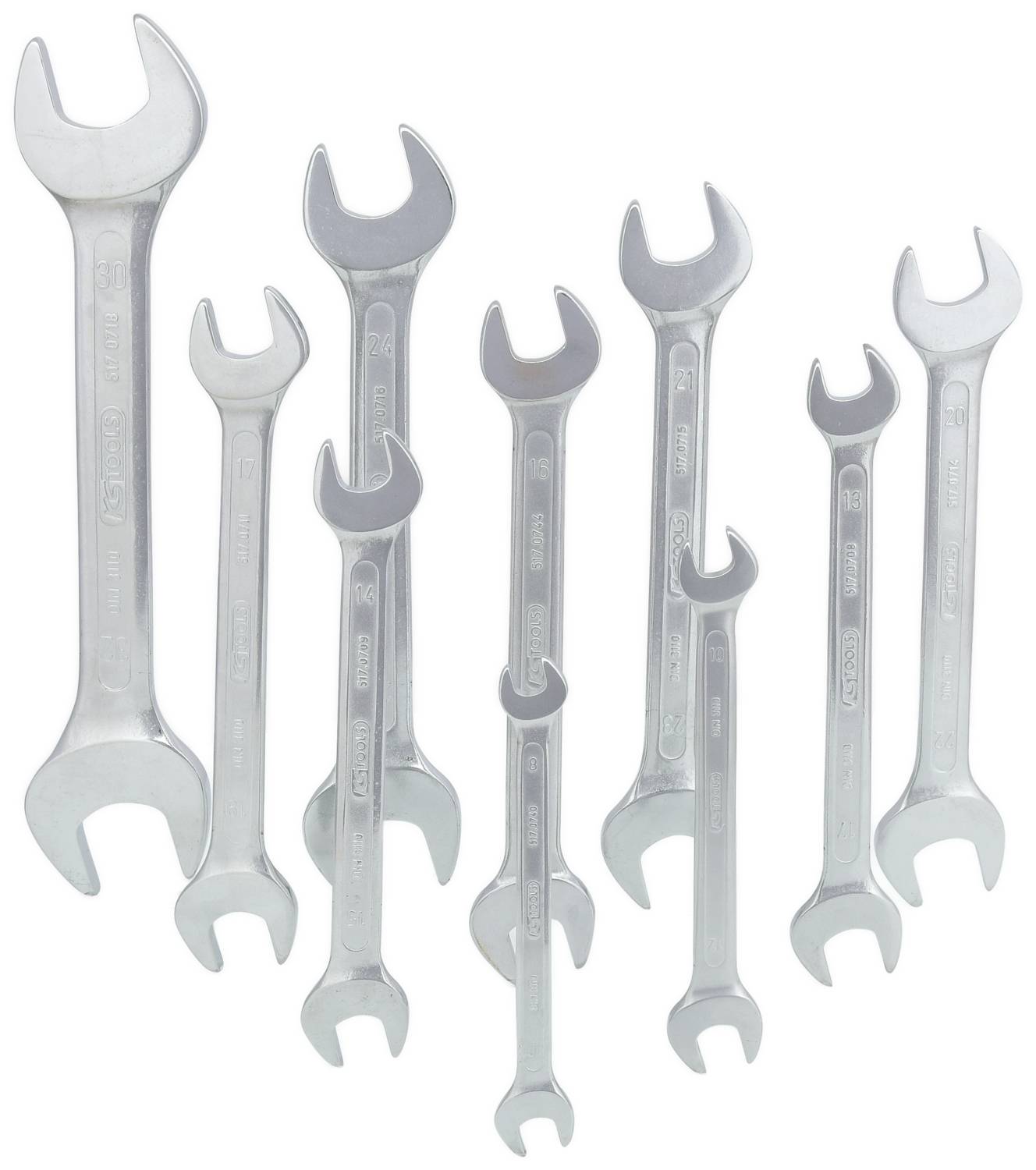 'A row of nine silver combination spanners in various sizes, arranged vertically. They have open ends for different screws.'