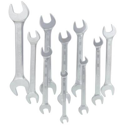 'A row of nine silver combination spanners in various sizes, arranged vertically. They have open ends for different screws.'