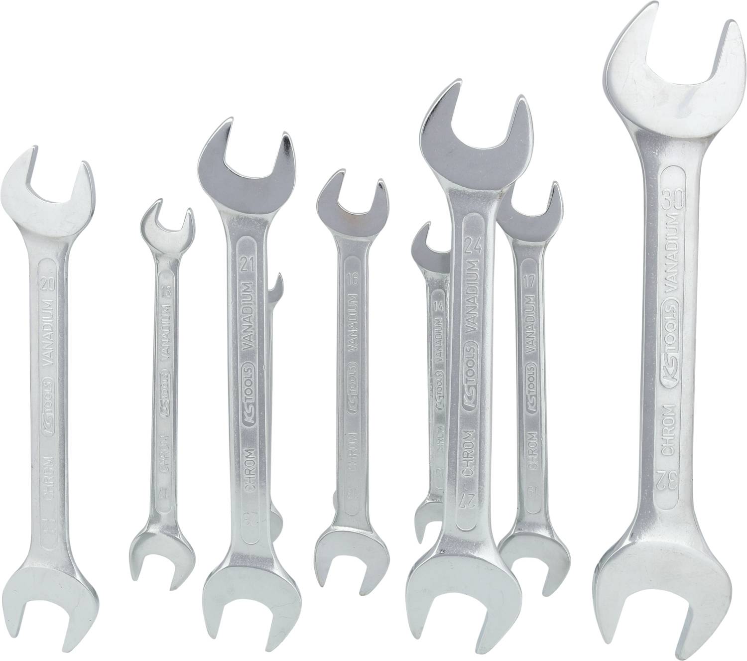Eight silver spanners of various sizes, arranged vertically, on a white background.