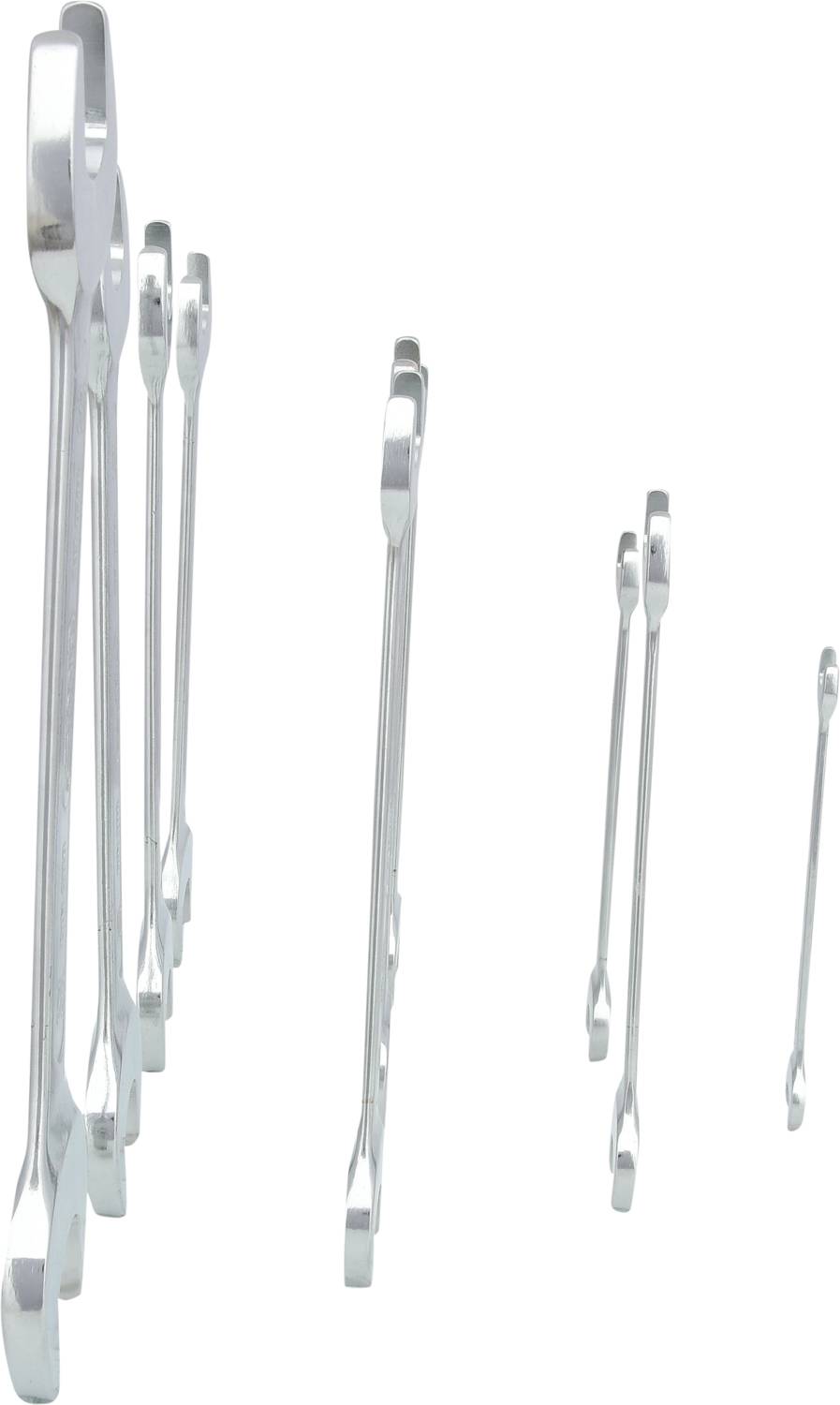 'Seven differently sized spanners are arranged on a white surface, ordered from smallest to largest from left to right.'