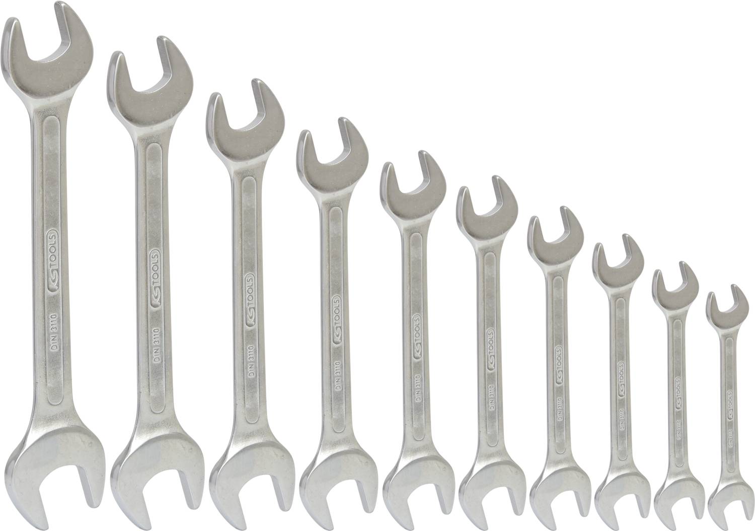 A row of open-ended spanners in descending size from left to right, used for tightening or loosening nuts and bolts.