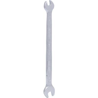 A silver, double-ended metal spanner. One end features an open-ended spanner, the other a ring spanner.