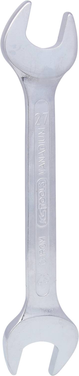 A silver-coloured spanner with two differently sized jaw ends, suitable for loosening or tightening threaded connections.