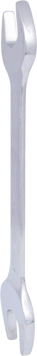 A silver pin spanner, vertically positioned, with open jaws at both ends. Suitable for tightening nuts and bolts.