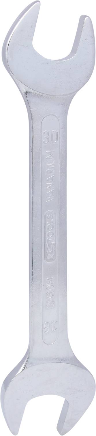 A silver spanner with two differently sized jaw openings is shown.