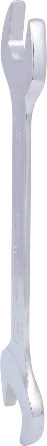 A metal spanner with two differently sized open ends for loosening or tightening nuts and bolts.