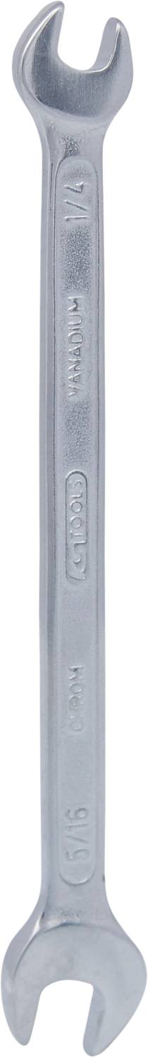 A silver spanner with two open ends, suitable for tightening or loosening bolts and nuts, on a neutral background.