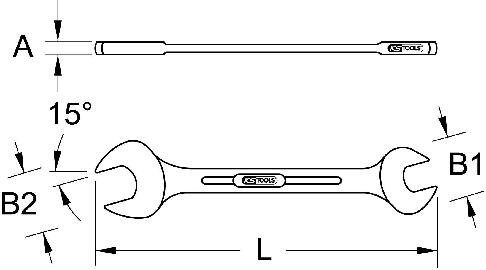 Diagram of a double-ended ring spanner. Shows dimensions 'A', 'B1', 'B2', and 'L'. 15° angle highlighted.