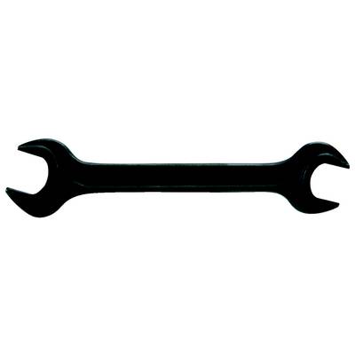 A black double-ended spanner with open jaws, suitable for various screw sizes.