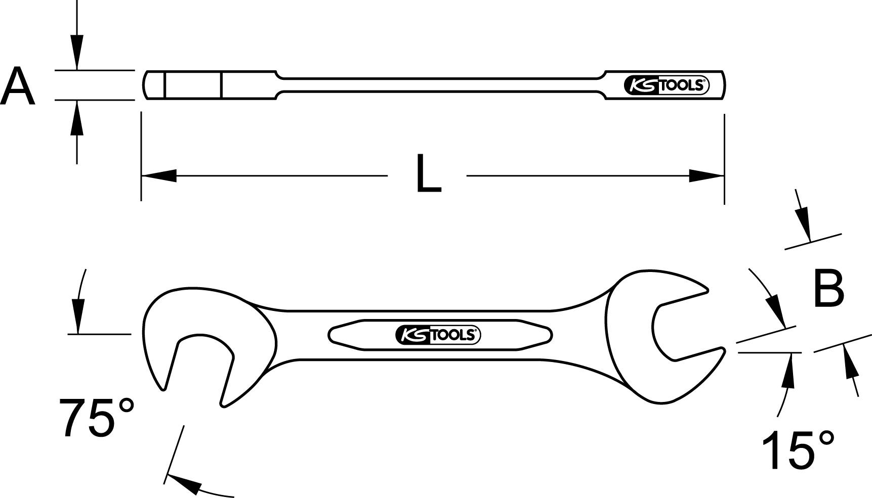 The diagram shows a double-ended spanner with two different jaw sizes and an angled cut. Dimensions are marked with 'L', 'A', and 'B'.