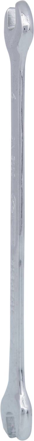 Metal spanner, elongated, with open ends of different sizes for tightening or loosening nuts and bolts.
