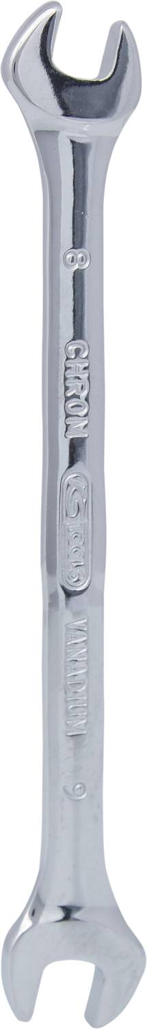 'Close-up of a double-sided metal spanner showing open-ended jaws for securing bolts.'