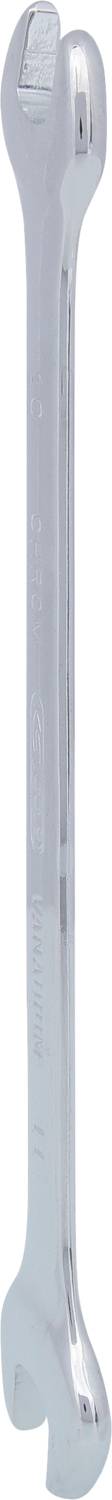 Metal spanner with open ends on both sides, used for securing screws or nuts.