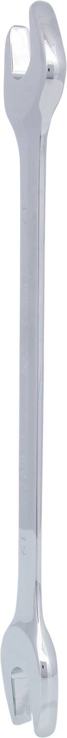 A silver double-ended spanner with open jaws at both ends, positioned vertically.