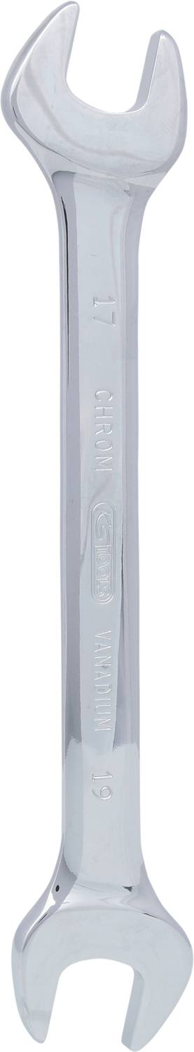 A silver spanner with an open jaw at both ends, lying flat on a surface. Tool for securing nuts.<br><br>Note: In British English, I've used "spanner" instead of the American "wrench", and kept the technical description precise and concise.