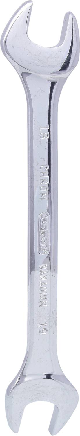 A silver spanner with open ends for various screw sizes.