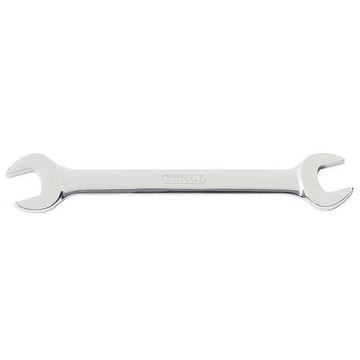 A silver, double-sided spanner with open ends, on a white background.