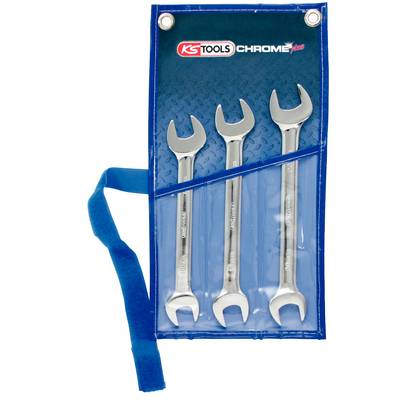 'Three chrome-plated spanners in a blue tool bag with logo and fastening straps.'