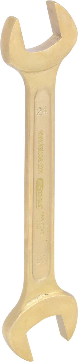 A gold-coloured spanner with an open-ended design. Suitable for loosening or tightening nuts and bolts in size 24.