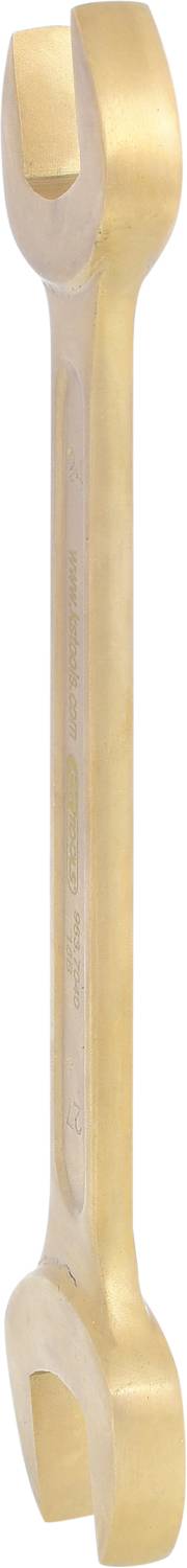 A golden adjustable spanner with two differently sized openings at its ends, for use in screw-related work.