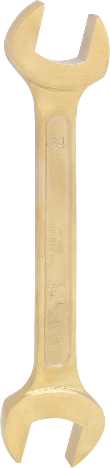 Double-sided metal spanner, light brown, with two open-ended heads of different sizes.