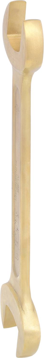 A gold-coloured spanner with open ends, shown standing upright.