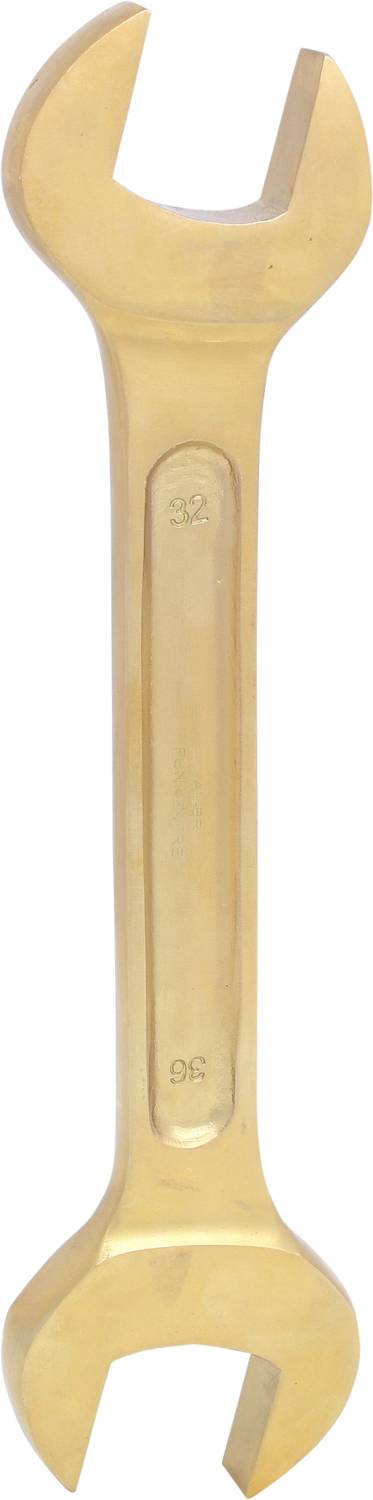 A gold-coloured, open-ended spanner with two differently sized ends, suitable for loosening hexagonal bolts.