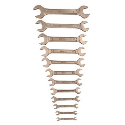 A row of open-ended spanners in descending size, arranged from top to bottom on a white background.