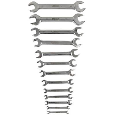 'A set of twelve open ring spanners in various sizes, ranging from 3.0 to 32 mm, arranged on a white background.'