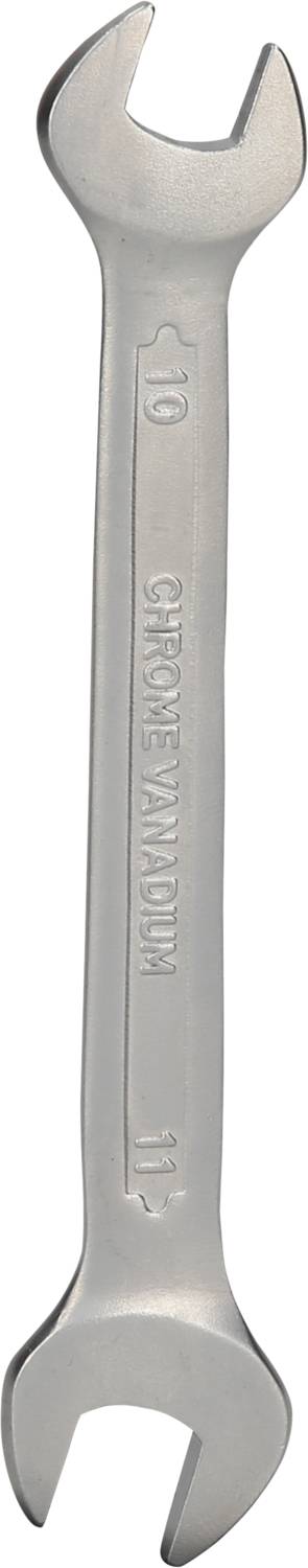 A silver spanner with open-ended jaws, marked with '10' and '11'. Suitable for nuts of these sizes.