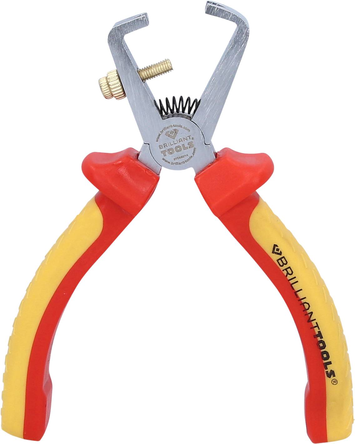 Wire stripping pliers. Red and yellow handles. Adjustable screw on top for setting cutting depth.