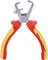 Wire stripping pliers. Red and yellow handles. Adjustable screw on top for setting cutting depth.