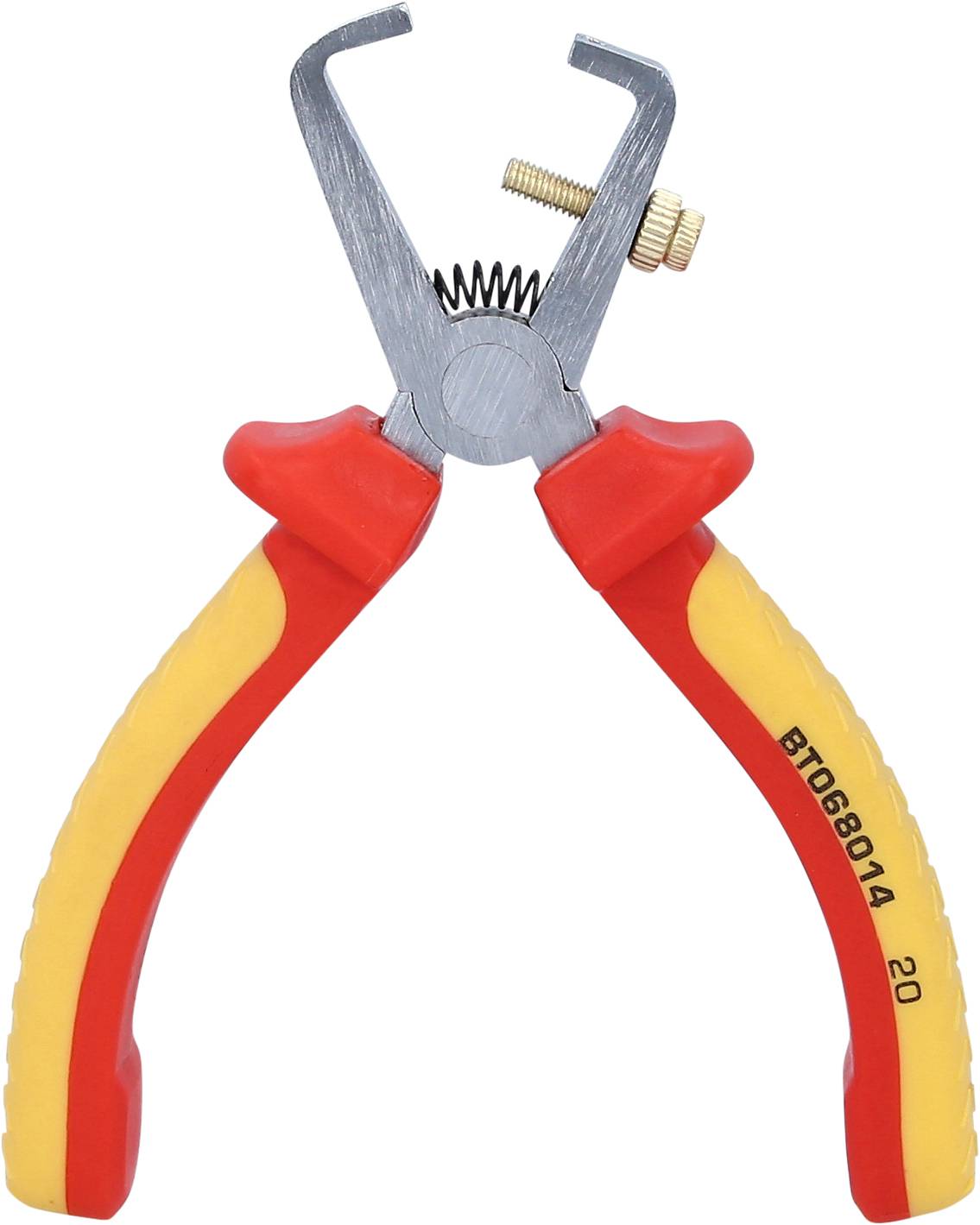Wire strippers with red and yellow handles, suitable for removing insulation from cables. Spring mechanism in the centre.
