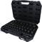An open black tool case with various socket wrench attachments arranged in an orderly layout, ready for use.