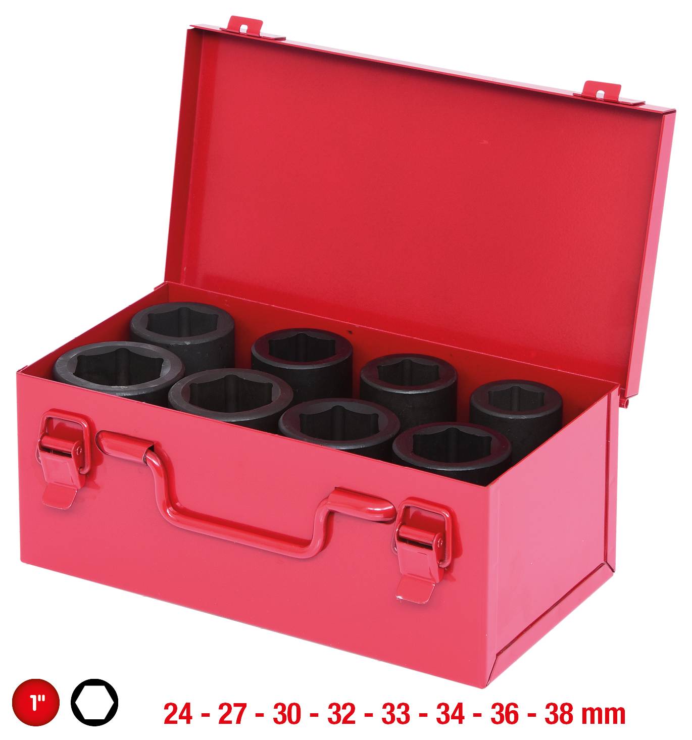Red toolbox with open lid, eight black socket wrenches. Size specifications: 24, 27, 30, 32, 33, 34, 36, 38 mm.