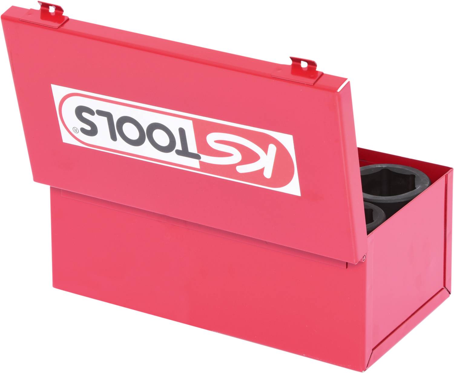 Red toolbox with an open lid, two black slots visible inside. A 'KS Tools' logo is on the front.