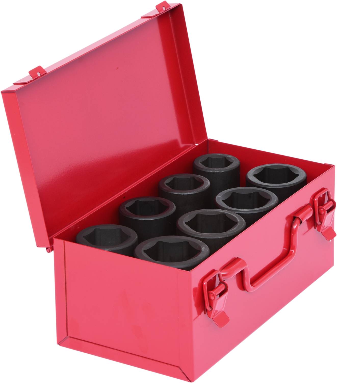 Red metal box with open lid, filled with nine large black wing nuts for fastening or dismantling screws.